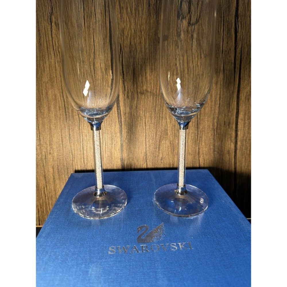 Swarovski Crystal Champagne Flutes with Silver and crystals Stems. NWB